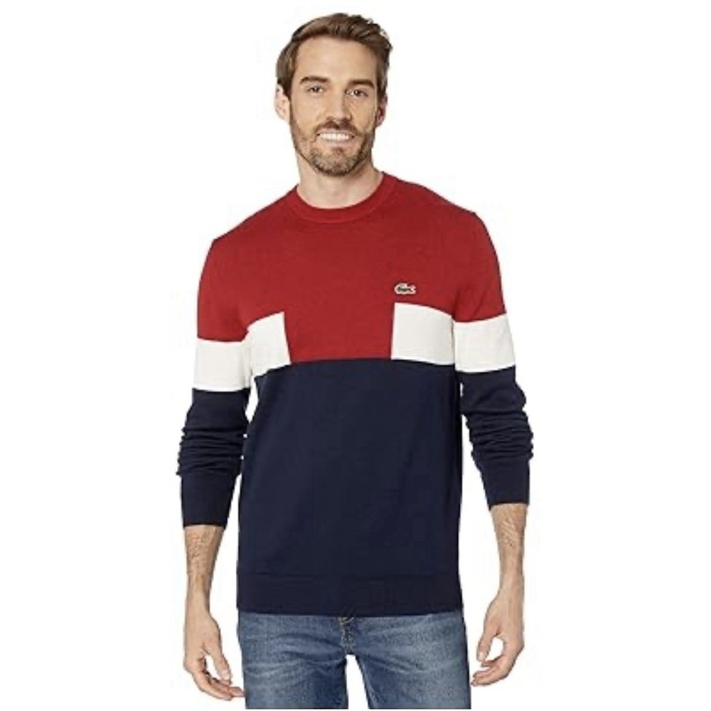 LACOSTE Colorblock Ribbed Wool & Cotton Sweater MENS Size Small Red White‎ $185.